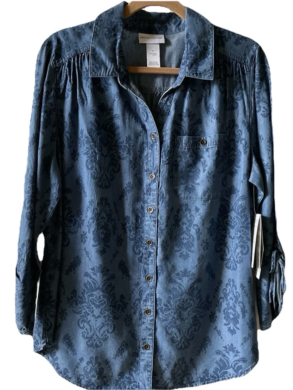 Alfred Dunner Women’s Denim-Blue Damask Button-Down Shirt NEW